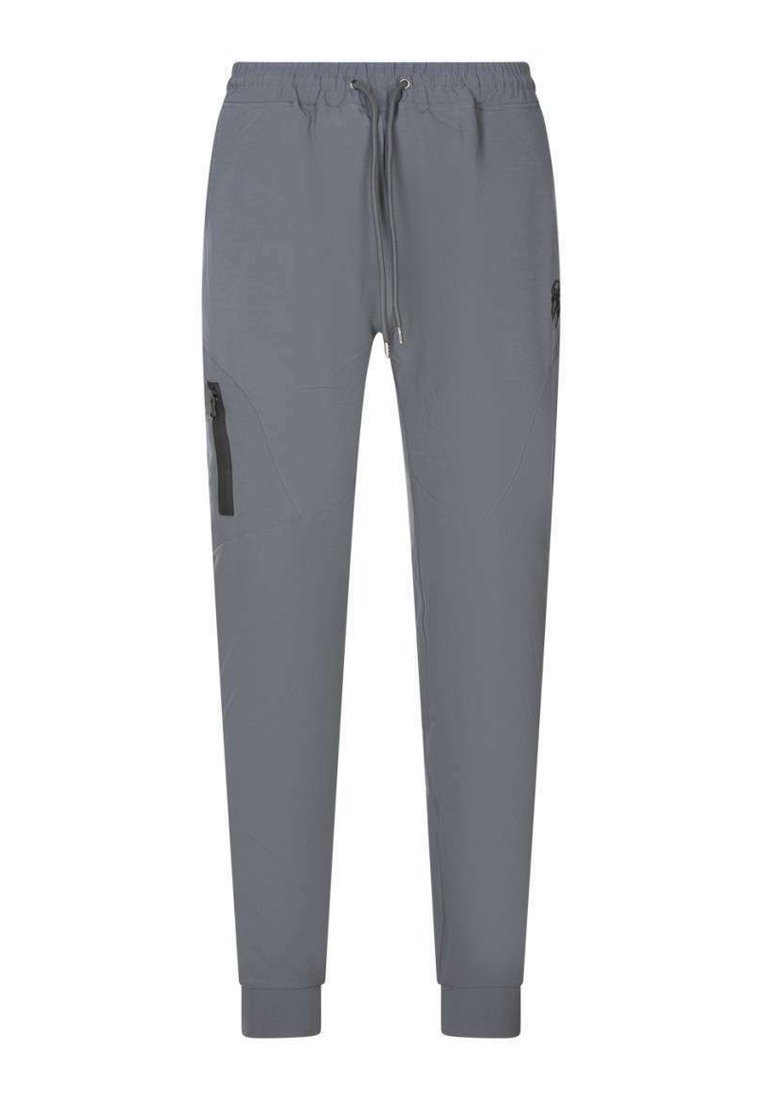 Pantalones jogger ligeros y grises con cintura elástica, cordón ajustable y bolsillos con cremallera laterales; textura suave y diseño de pierna estrecha.