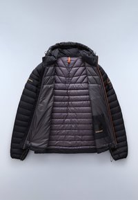 Black puffer jacket, hooded, featuring a smooth inner lining with a quilted pattern, orange zipper pull, and side pocket.