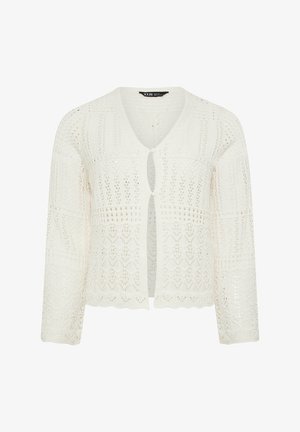 Witte gebreide cardigan met lange mouwen, V-hals, enkele knoop aan de voorkant en fijne kantpatronen door de hele stof.