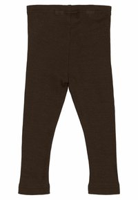 Leggings marron côtelés avec une taille élastique, offrant une coupe ajustée et une texture lisse. Pas de motifs ni de matériel supplémentaire.