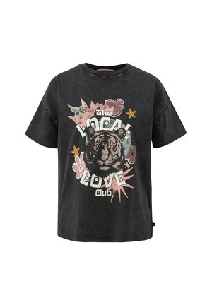 Zwart katoenen T-shirt met een tijgerafbeelding omringd door kleurrijke bloemen en sterren. Korte mouwen en een ontspannen pasvorm.