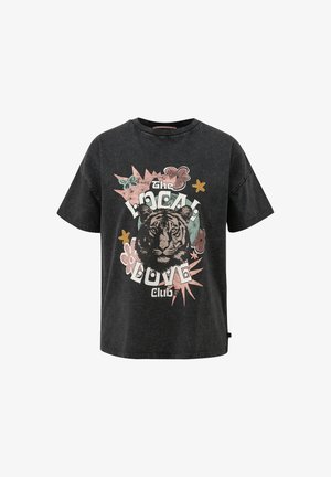 Zwart katoenen T-shirt met een tijgerafbeelding omringd door kleurrijke bloemen en sterren. Korte mouwen en een ontspannen pasvorm.