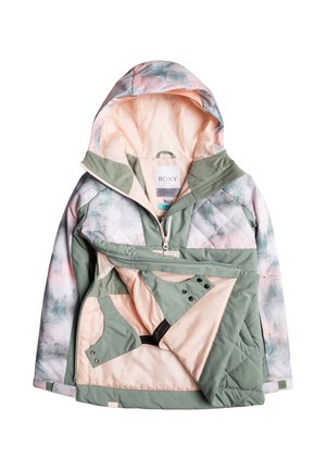 Mädchenjacke von Roxy mit einem gepolsterten Design, das grüne und pastellfarbene Aquarellmuster zeigt, einer Kapuze und einem mit Reißverschluss versehenen Frontbereich sowie Innentaschen.