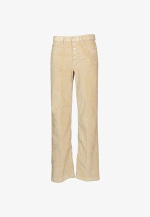 Pantaloni a zampa d'elefante in corduroy beige con vita alta, dotati di cinque bottoni e un motivo a righe testurizzato. Inclusi due taschini frontali.