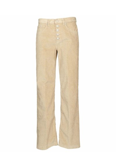 Pantaloni a zampa d'elefante in corduroy beige con vita alta, dotati di cinque bottoni e un motivo a righe testurizzato. Inclusi due taschini frontali.