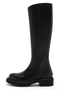 Black knee-high boot made of smooth leather, featuring a chunky sole, rounded toe, and minimalistic design with no visible hardware.