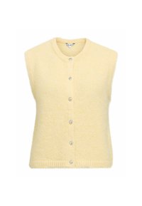 Gul ermeløs cardigan i mykt, teksturert materiale med rund hals og fem knapper med klare detaljer.
