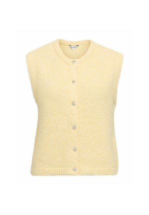 Gul ermeløs cardigan i mykt, teksturert materiale med rund hals og fem knapper med klare detaljer.