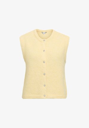 Dzeltens piedurknēm neaizklāts kardigans no mīksta, teksturēta materiāla ar apaļu izgriezumu un piecām pogām ar caurspīdīgiem akcentiem.