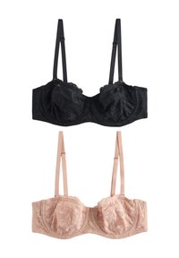 Crni i goli čipkasti grudnjaci s žicom, s valovitim rubovima, cvjetnim uzorcima i podesivim naramenicama. Crni grudnjak je na vrhu.