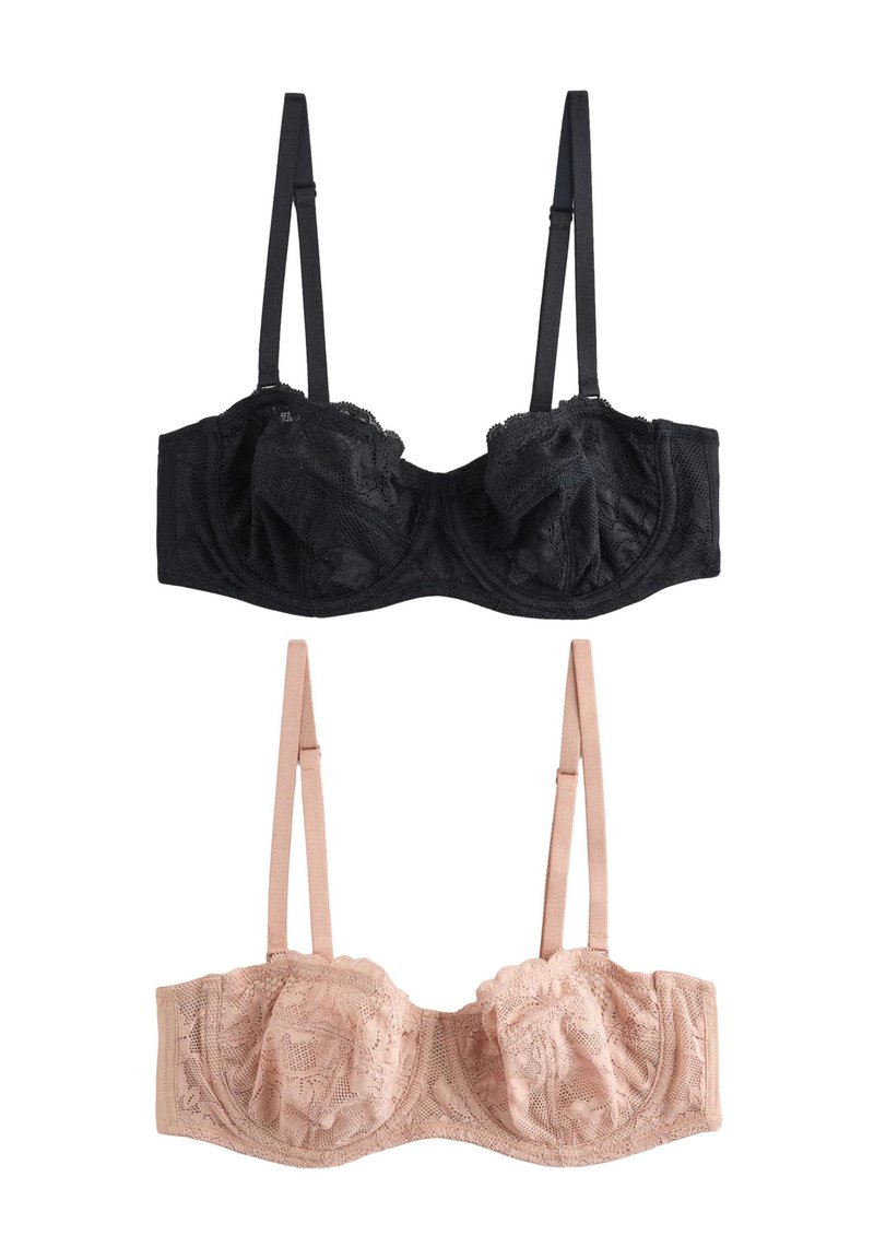 Crni i goli čipkasti grudnjaci s žicom, s valovitim rubovima, cvjetnim uzorcima i podesivim naramenicama. Crni grudnjak je na vrhu.