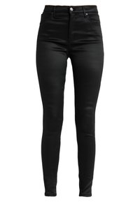 Černé, vysoké skinny džíny vyrobené z elastického materiálu. Mají klasický pětikapsový design, zipový klouzák a uzávěr na předním knoflíku.