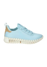 Light blue sneakers with a smooth upper, contrasting tan heel accent, and a textured white sole featuring cut-out patterns.