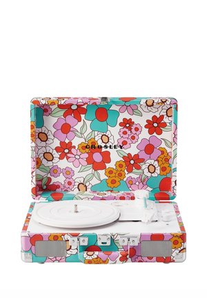 Platine portable avec haut-parleurs intégrés, plateau blanc et housse florale colorée avec des fleurs rouges, roses, orange et turquoise et le logo "Crosley".
