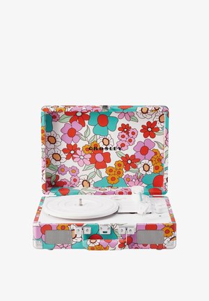 Platine portable avec haut-parleurs intégrés, plateau blanc et housse florale colorée avec des fleurs rouges, roses, orange et turquoise et le logo "Crosley".