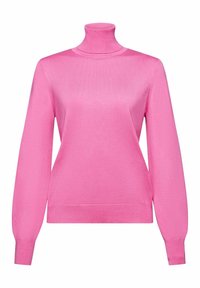 Roze coltrui gemaakt van een glad gebreide stof, met lange mouwen en een getailleerd ontwerp. De kleur is helder en gelijkmatig throughout.