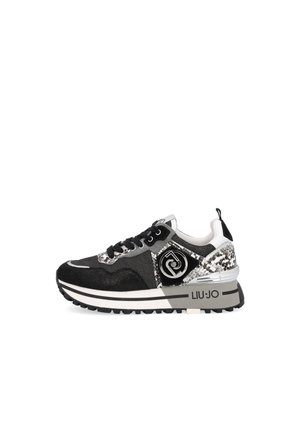 Czarno-białe sneakersy z wzorem skóry węża, grubą podeszwą, czarnymi sznurówkami i logo "LIU JO" po boku.