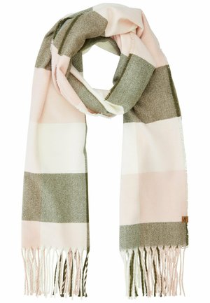 Zachte sjaal met een geruit patroon in roze, wit en groen. Afgewerkt met franjekanten en een klein merklabel.