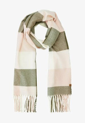 Blød tørklæde med et ternet mønster i pink, hvid og grøn. Afsluttet med frynser i kanten og et lille mærketag.