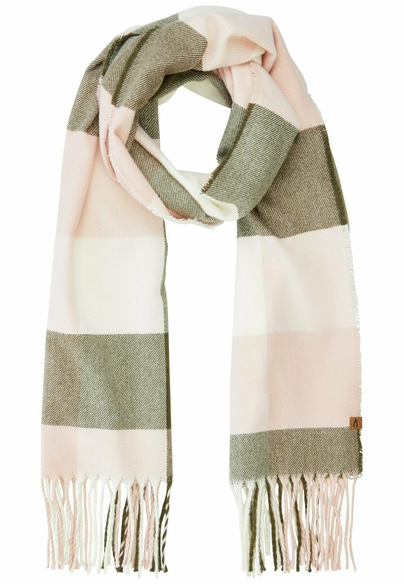 Blød tørklæde med et ternet mønster i pink, hvid og grøn. Afsluttet med frynser i kanten og et lille mærketag.