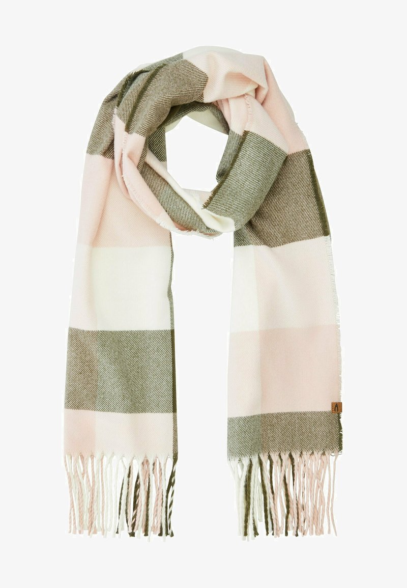 Weicher Schal mit kariertem Muster in Rosa, Weiß und Grün. Mit fransigen Kanten und einem kleinen Markenetikett versehen.