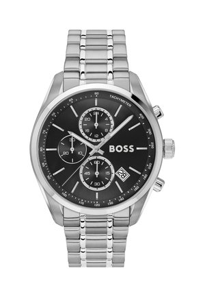 Stainless steel watch with a black dial, silver tachymeter bezel, three subdials, and date display; linked bracelet design with polished accents.
