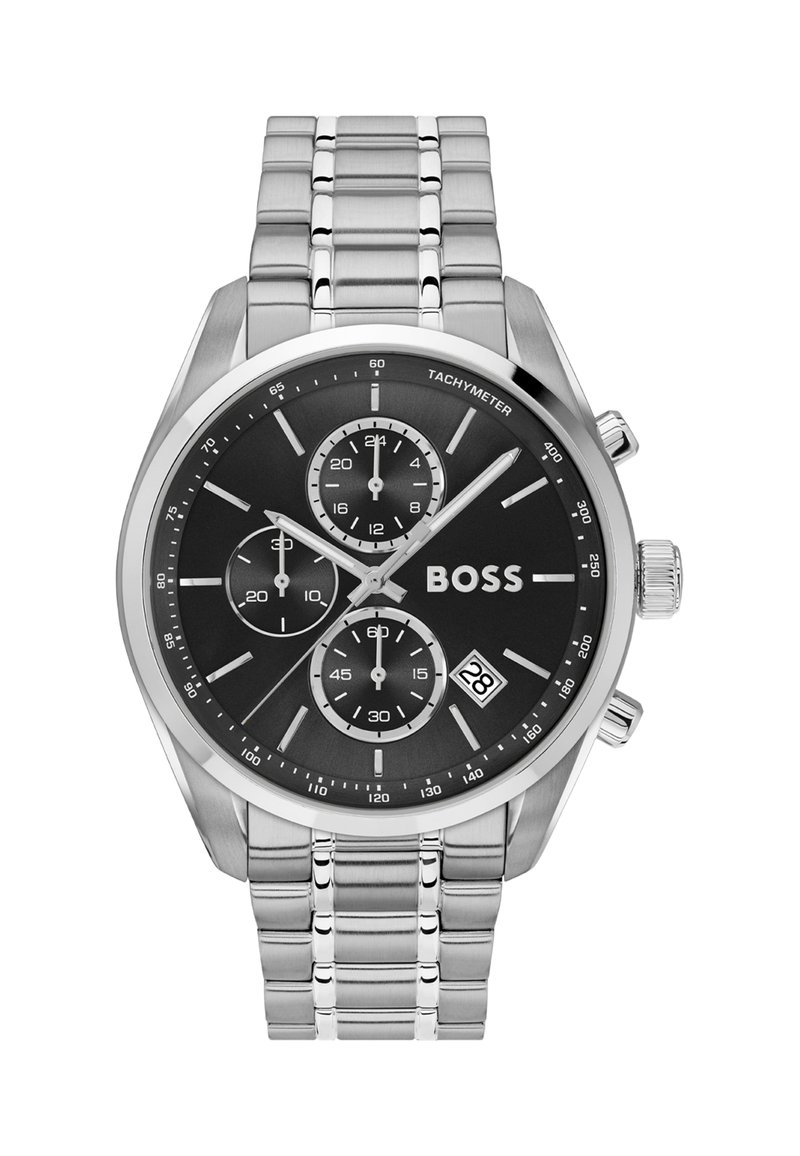 Stainless steel watch with a black dial, silver tachymeter bezel, three subdials, and date display; linked bracelet design with polished accents.