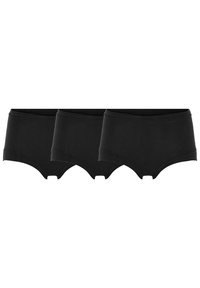 Black cotton underwear in a three-pack. Features a smooth, elastic waistband and a mid-rise cut with symmetrical leg openings.