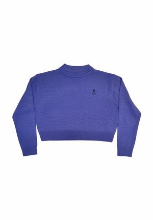 Maglione viola ritagliato con scollo a coste e polsini. Presenta un logo nero ricamato sul davanti. Texture morbida e lavorata a maglia.