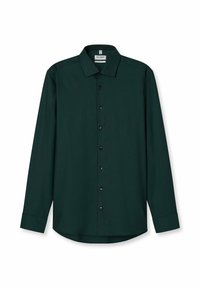 Camicia a maniche lunghe verde scuro con chiusura a bottoni, caratterizzata da un tessuto texturizzato e un colletto classico. I bottoni neri aggiungono contrasto.