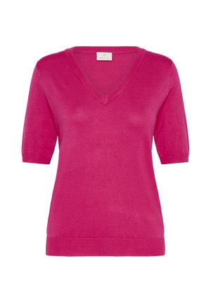 Helles pinkes V-Ausschnitt Kurzarm-Pullover mit gerippten Bündchen und Saum, aus weichem Strickstoff, vor weißem Hintergrund dargestellt.