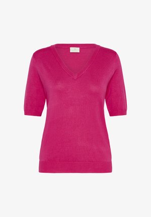 Helles pinkes V-Ausschnitt Kurzarm-Pullover mit gerippten Bündchen und Saum, aus weichem Strickstoff, vor weißem Hintergrund dargestellt.