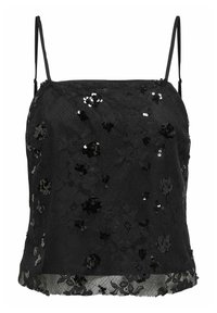 Czarny top na ramiączkach z kwiatową koronkową nakładką, cekinami i falbankowym dołem. Ramiączka są cienkie, a materiał ma przezroczystą fakturę.