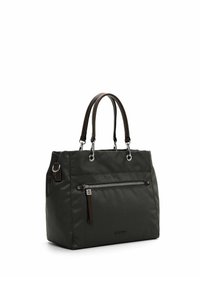 Tmavě zelená nylonová taška na rameno s hnědými koženými doplňky, dvojitými horními ucha a přední kapsou na zip. Hladká textura, obdélníkový tvar.