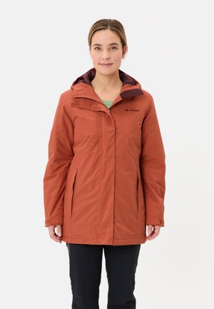 Water-resistant, rust-colored jacket with a hood, zippered pockets, and a zip closure. Features a sleek design and smooth texture.