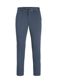 Dunkelblaue, schmal geschnittene Herrenhose mit Gürtelschlaufen, Knopf- und Reißverschluss sowie Seitentaschen, Vorderansicht.