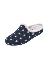 Zapatilla tipo pantufla azul marino con bordado floral en rosa y azul, forro suave de piel sintética y suela negra duradera. Diseño informal de calce fácil.
