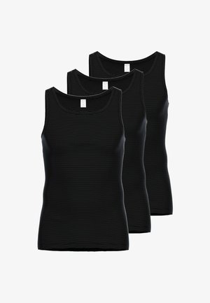 Drie zwarte geribbelde mouwloze tanktops opgestapeld, elk met een ronde halslijn en witte maatlabels zichtbaar aan de achterkraag.