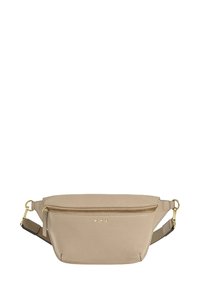 Sac bandoulière en cuir beige avec une poche zippée �à l'avant, une quincaillerie dorée et une bandoulière réglable. Il comporte trois clous décoratifs à l'avant.