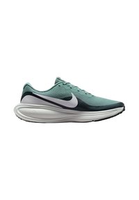 Scarpa da corsa in rete color teal con accenti bianchi, suola arrotondata e suola nera. Presenta un logo swoosh prominente e lacci piatti.