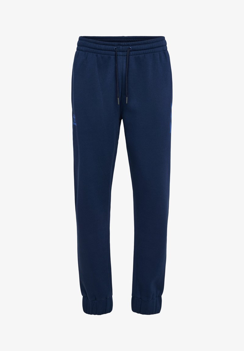 Marinblå joggerbyxor tillverkade av mjukt tyg, med elastisk midja och snörningar samt ribbade cuffs vid anklarna.