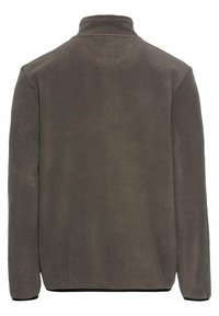 Fleece pullover i mørkegrå med ståkrave, lange ærmer og en glat tekstur. Bagfra ses et minimalistisk design uden synlige sømme.