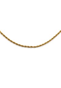 Collar de cadena en tono dorado que presenta eslabones retorcidos, una textura suave y un diseño uniforme. Longitud adecuada para llevar alrededor del cuello.