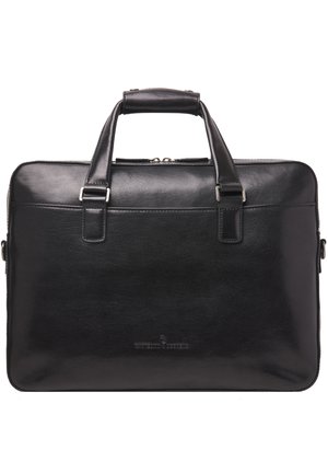 Malette en cuir noir avec doubles poignées supérieures, fermeture éclair, texture lisse, détails cousus et un logo discret à l'avant.