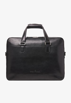 Zwarte leren aktetas met dubbele handgrepen bovenaan, ritsluiting, een gladde textuur, gestikte details en een subtiel logo aan de voorkant.