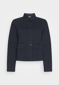 Navy blue button-up jacket with long sleeves, two front flap pockets, and a small collar on a plain white background.