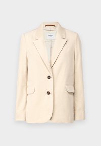 Bežový kordový blazer s klopami, dvěma předními kapsami, dvěma knoflíky a texturovaným povrchem. Podšitý interiér, minimalistický design.