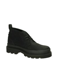 Stivali neri alla caviglia in suede e materiale sintetico, con una suola in gomma spessa, punta rotonda e lacci, completati da un pratico tallone per il massimo comfort.