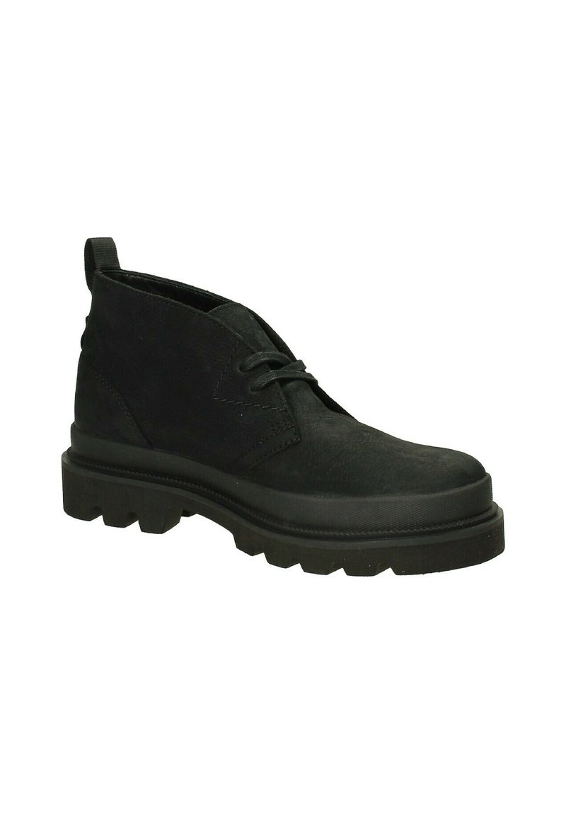 Stivali neri alla caviglia in suede e materiale sintetico, con una suola in gomma spessa, punta rotonda e lacci, completati da un pratico tallone per il massimo comfort.