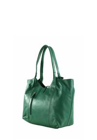 Sac à main en cuir vert avec double poignées, design spacieux, poche avant zippée, texture lisse et accent de couture contrastante.